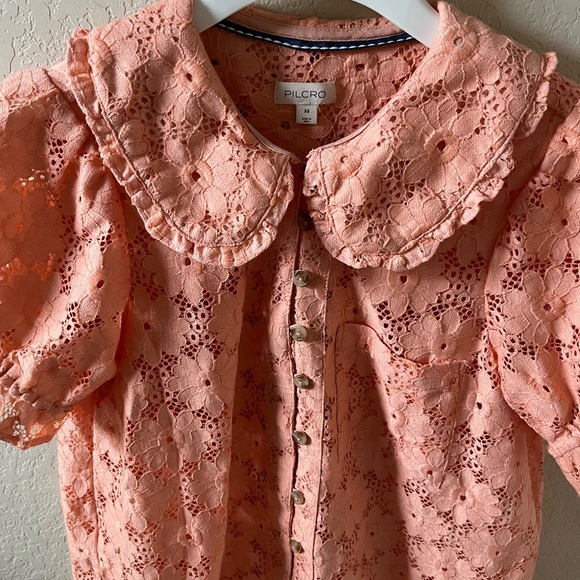 Pilcro Keira Lace Blouse by Anthropologie Womens Coral Collar Puff Sleeve Top XS - Picture 6 of 17